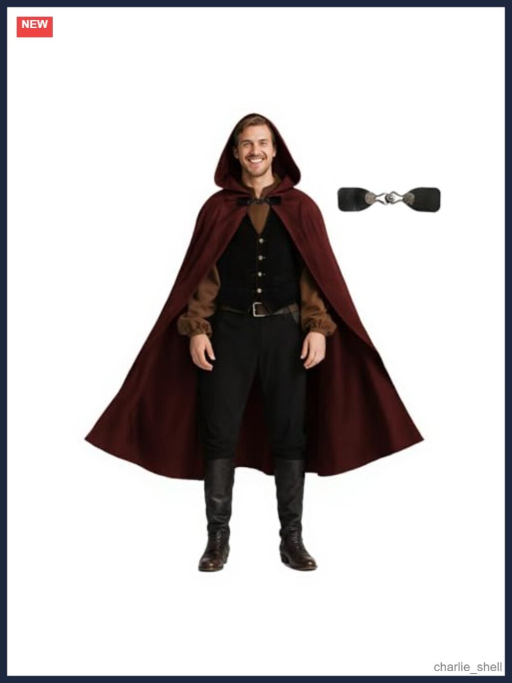 Medieval Hooded Cloak with Leather Buckle Renaissance Costume Cape